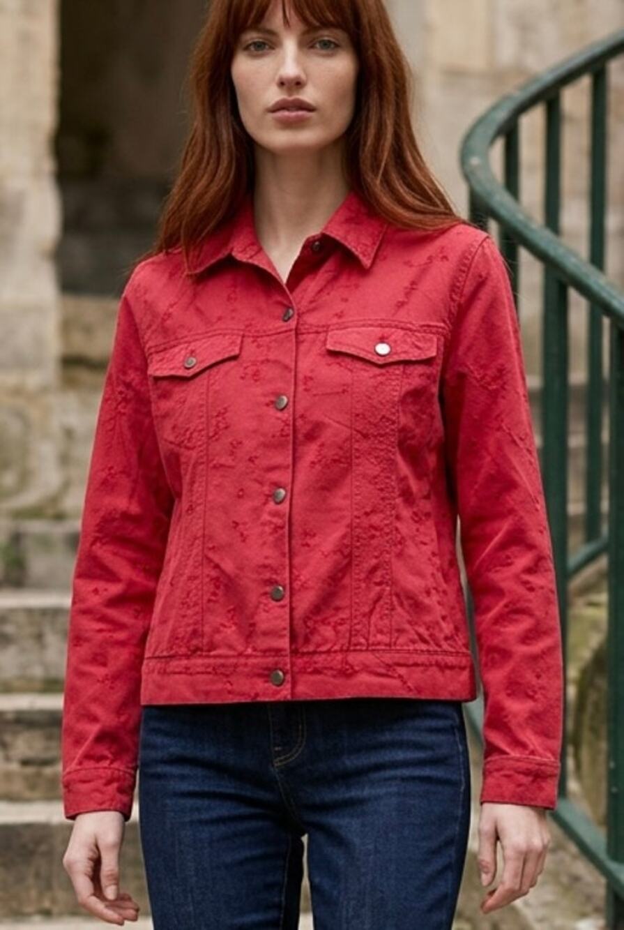 Red Floral Embroidered Trucker Jacket Womens M Oversized Boho Floral VTG Y2K